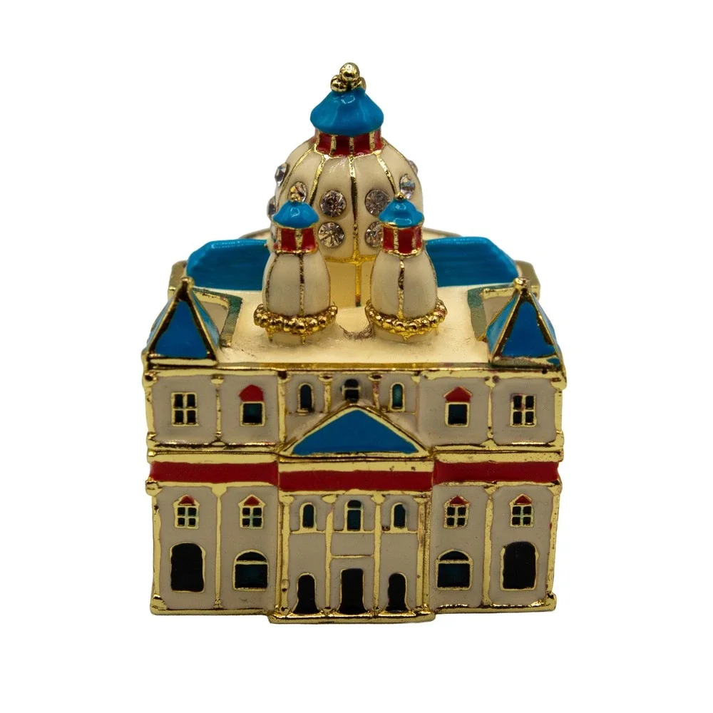 Work of Art Enameled Cathedral Trinket Box Gold Tone Crystal Jeweled Hinged Case
